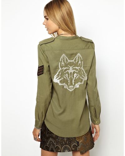 Zadig & Voltaire Soft Military Shirt with Wolf Embroidered Back - Natural