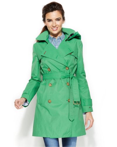 Tommy Hilfiger Petite Hooded Double-Breasted Belted Trench Coat - Green