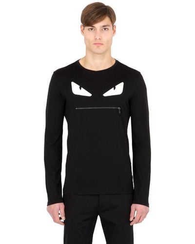 Fendi Monster Zip Cotton Long Sleeve T-shirt - Black