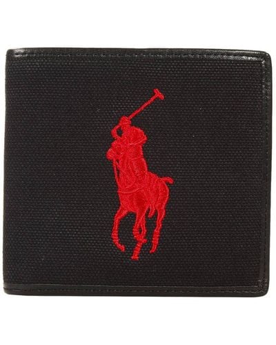 Polo Ralph Lauren Wallet Leather And Canvas With Big Pony Embroidery Credit Cards Slots - Black