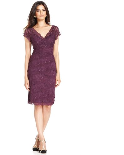 Marina Petite Cap-Sleeve Lace Dress - Purple