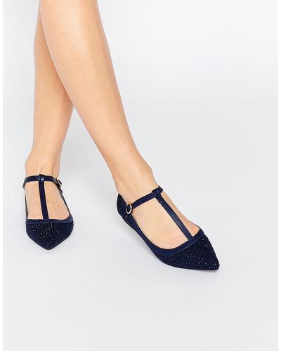 Oasis T Bar Point Sparkle Flat Shoe - Blue