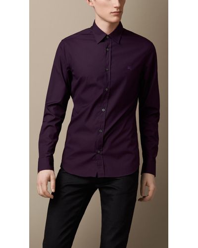 Burberry Check Detail Stretchcotton Shirt - Purple