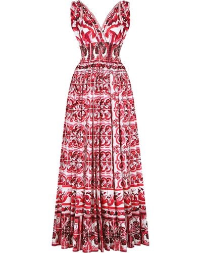 Dolce & Gabbana Robe longue en popeline à imprimé majoliques - Rouge
