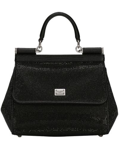 Dolce & Gabbana Small Satin Sicily Bag With Fusible Rhinestones - Black