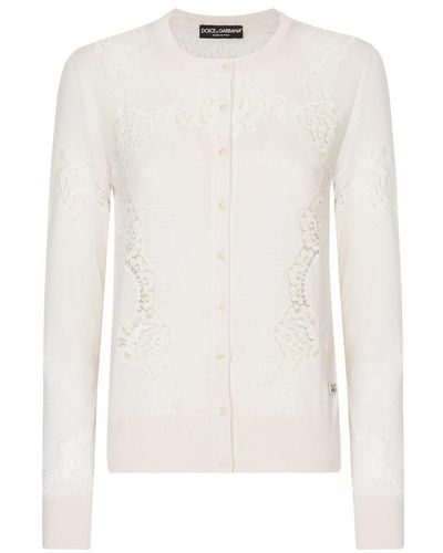 Dolce & Gabbana Cashmere And Silk Cardigan With Lace Inlay - White