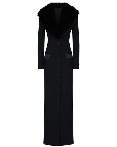 Dolce & Gabbana Long Silk Georgette Coat With Faux Fur Collar - Black