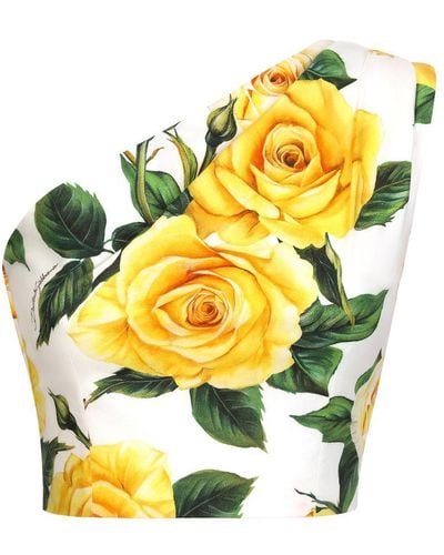 Dolce & Gabbana One-Shoulder Cotton Crop Top With Rose - Yellow