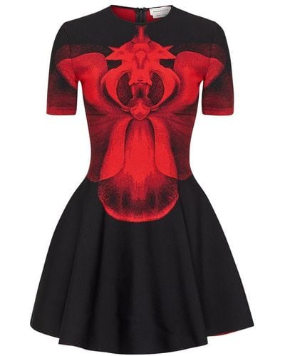 Alexander McQueen Orchid-print Flared-hem Knitted Midi Dress