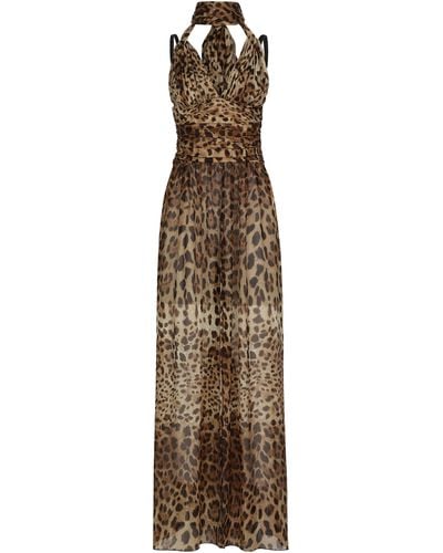 Dolce & Gabbana Langes Kleid aus Chiffon mit Leoparden-Print - Natur