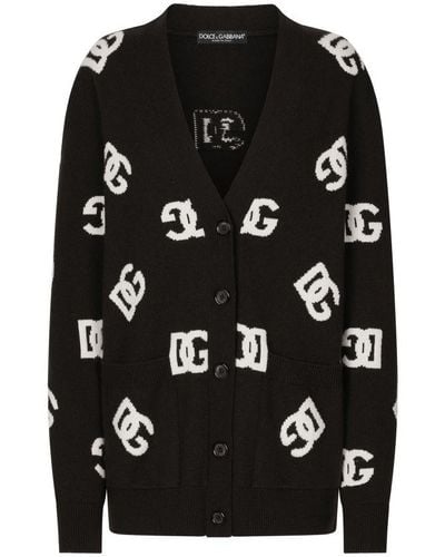 Dolce & Gabbana Wool Cardigan With Dg Inlay - Black