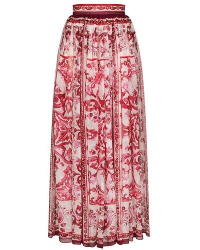 Dolce & Gabbana Long Majolica-Print Chiffon Skirt - Red