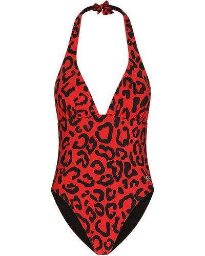 Dolce & Gabbana Einteiliger Badeanzug mit Leopardenmuster und tiefem Dekolleté - Rot