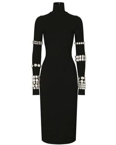 Dolce & Gabbana Longuette-Kleid aus Jersey in Milano-Ripp mit Strasssteinen - Schwarz