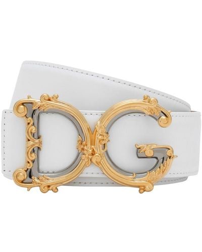 Dolce & Gabbana Leather Belt With Baroque Dg Logo - White
