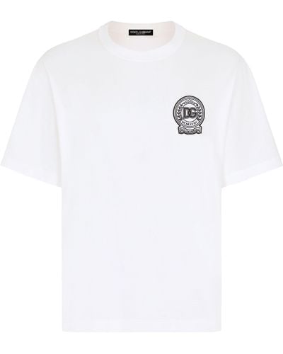 Dolce & Gabbana T-Shirt aus Baumwolle mit Logo-Stickerei - Weiß