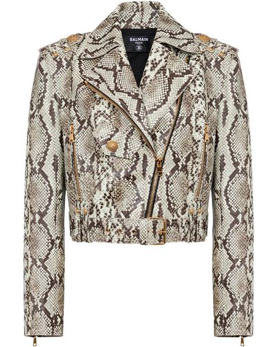 Balmain Bikerjacke aus Leder in Python-Optik - Weiß