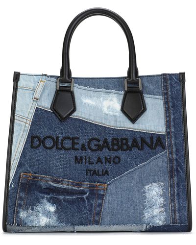 Dolce & Gabbana Sac de shopping Edge en patchwork de denim avec logo - Bleu