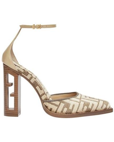 Fendi Beige, High-heeled Ff Chenille Court Shoes - Natural