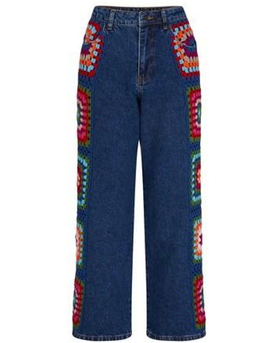 FARM Rio Crochet Squares Denim Trousers - Blue