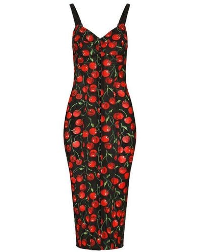 Dolce & Gabbana Cherry-Print Stretch Calf-Length Corset Dress - Red