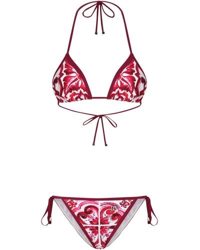 Dolce & Gabbana Bikini Triangle à Imprimé Majoliques - Rouge
