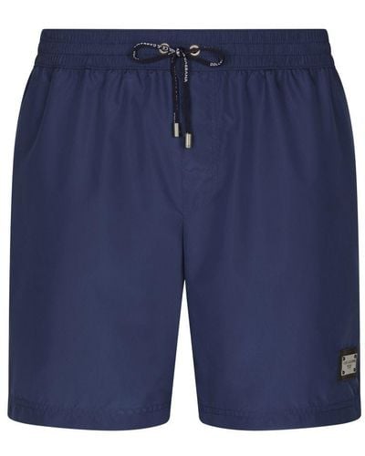 Dolce & Gabbana Mid-Length Swim Trunks With Branded Plate - Blue