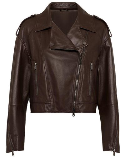 Brunello Cucinelli Nappa Leather Biker Jacket - Brown