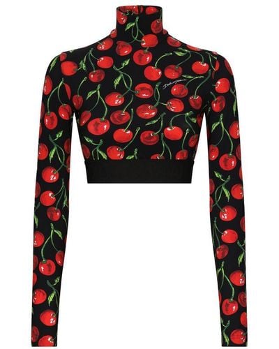 Dolce & Gabbana High Collar Jersey Technical Top With Logo Elastic Band And Cherry Print - Red