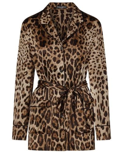 Dolce & Gabbana Leopard-print Satin Pajama Shirt With Belt - Brown