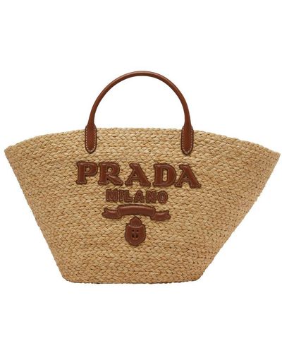 Prada Large Raffia And Leather Basket - Brown
