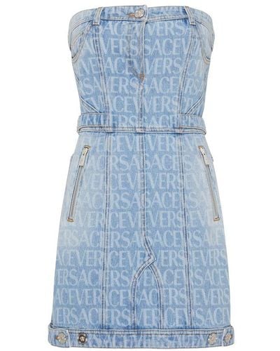 Versace Allover Strapless Denim Dress - Blue