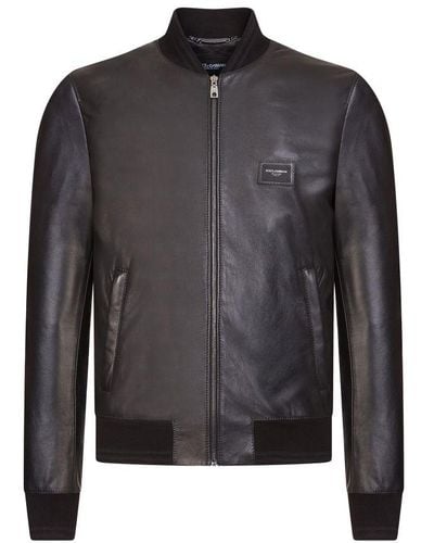 Dolce & Gabbana Leather Jacket With Branded Tag - Black