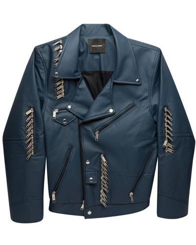 TOKYO JAMES Vegan Leather Cropped Biker Jacket - Blue