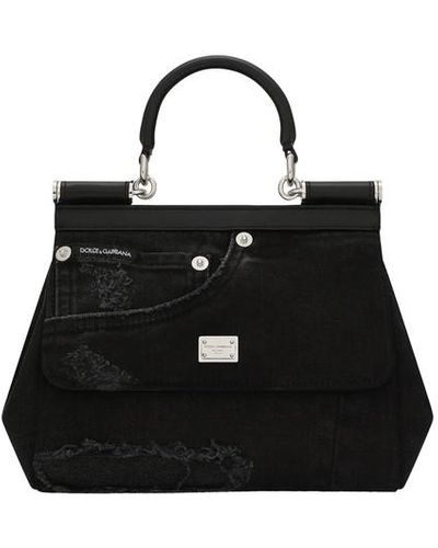 Dolce & Gabbana Small Sicily Bag In Patchwork Denim - Black