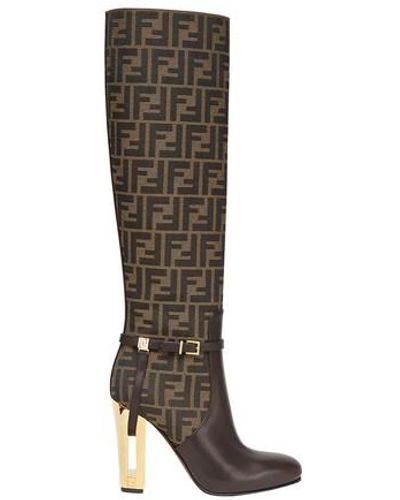 Fendi Ff 105mm Leather Traced Heel Tall Boots - Brown