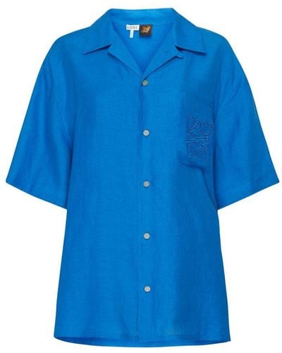 Loewe Anagram Linen Short-Sleeve Shirt - Blue