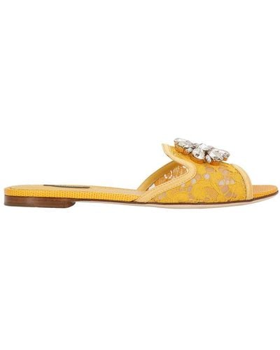 Dolce & Gabbana Lace Slides With Brooch Detailing - Yellow