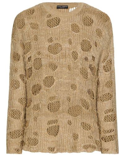 Dolce & Gabbana Linen And Silk Crewneck Sweater With Distressed Details - Natural