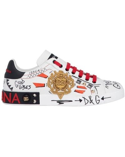 Dolce & Gabbana Calfskin Portofino Sneakers With Embroidery And Studs - Red