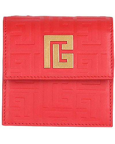 Balmain Debossed Leather Chain Card Holder With Monogram - Red
