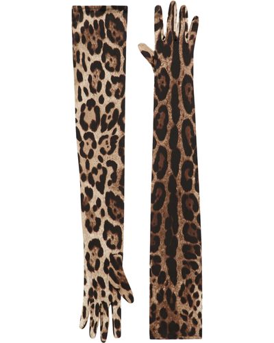 Dolce & Gabbana Lange Handschuhe aus Stretch-Satin mit Leopardenprint - Weiß