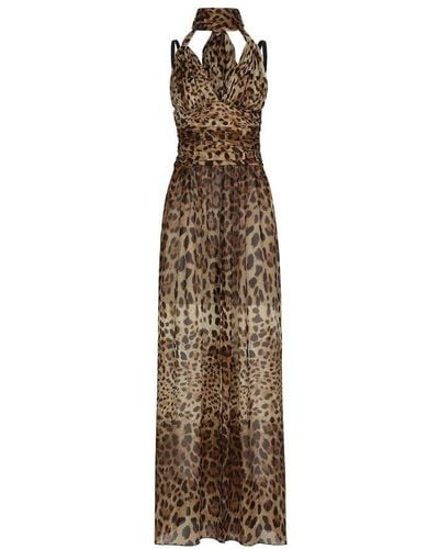Dolce & Gabbana Long Leopard-Print Chiffon Dress - Brown