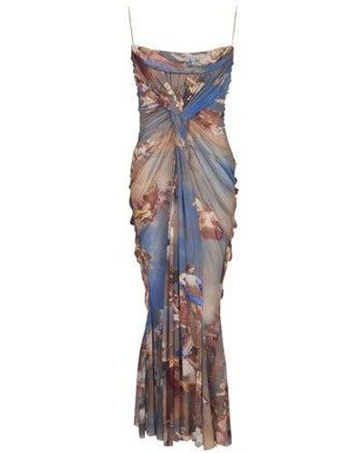 Balmain Sky Printed Draped Tulle Maxi Dress - Brown