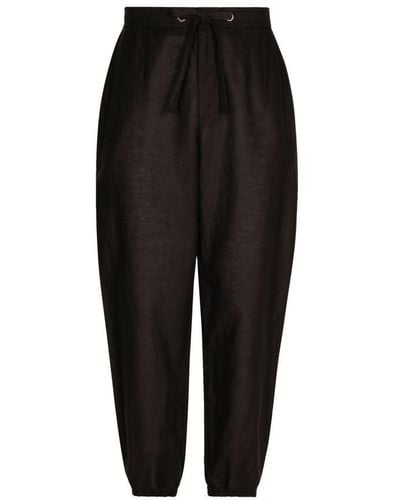 Dolce & Gabbana Linen And Cotton Jogging Trousers With Logo Label - Black