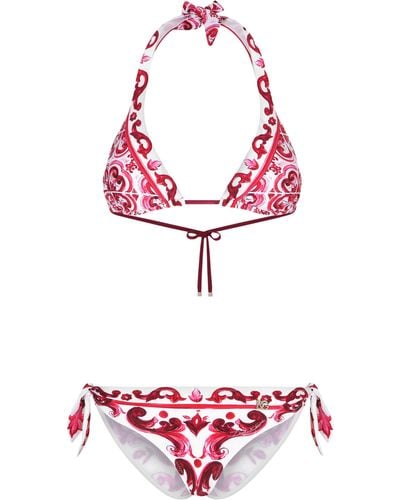Dolce & Gabbana Bikini Triangle Ampliforme à Imprimé Majoliques - Rouge