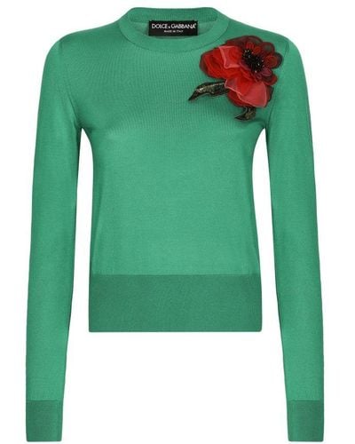 Dolce & Gabbana Silk Jumper With Flower Appliqué - Green