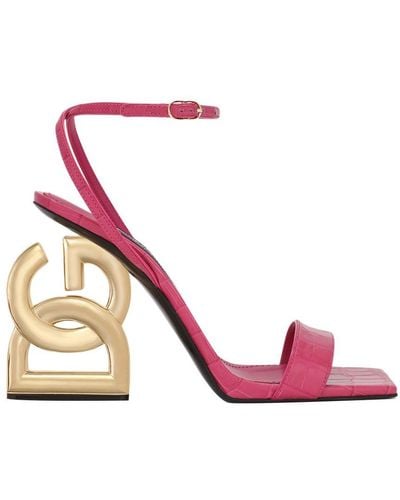 Dolce & Gabbana Crocodile-print Calfskin Sandals With Dg Pop Heel - Pink