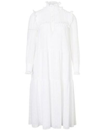 Celine Triomphe Embroidered Cotton Canvas Frilled Dress - White