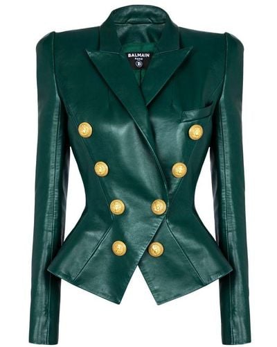Balmain Belted 8-Button Leather Jacket - Green